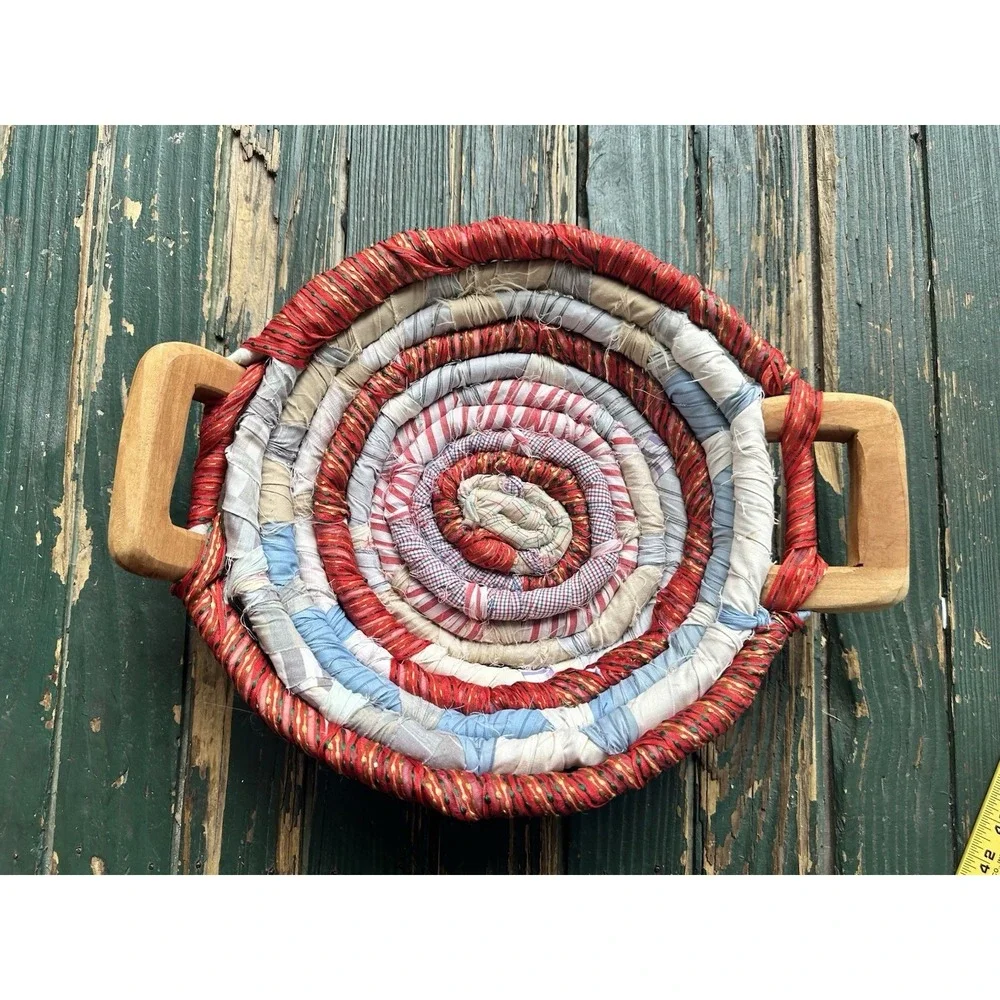 FABRIC WOVEN BASKET 2 WOODEN HANDLES 14